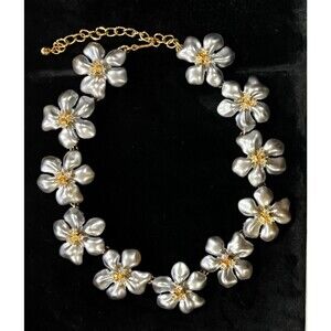 Signed Kenneth Jay Lane KJL Gray Pearl Gold Crystal Flower Necklace NEW 18"